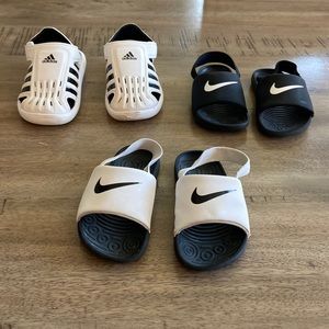 Two pairs of 10c boys Nike Kawa sandals one pair of 10c boys Adidas sandals